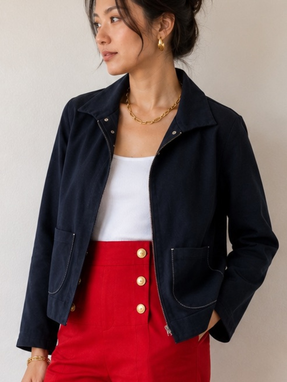 Vintage 90s Minimalist Navy Workwear Jacket USA Made Cotton Chore Coat Snap Up S